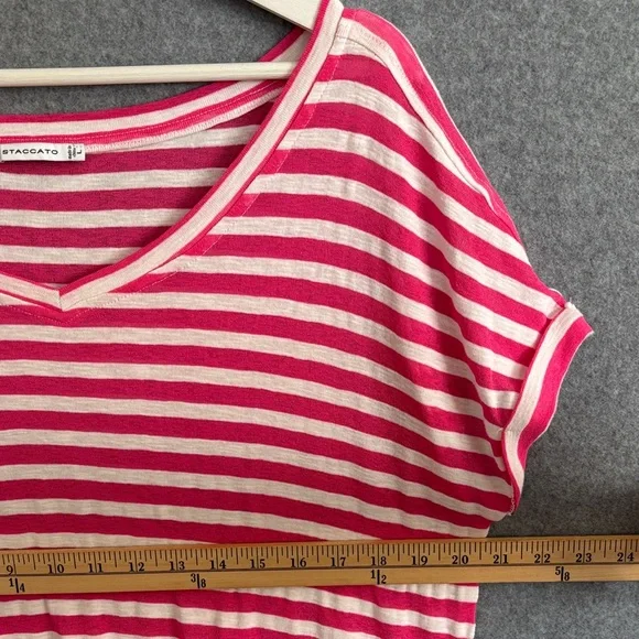 STACCATO V-Neck Short Sleeve Striped Slub Knit Top L Hot Pink - Picture 6 of 10